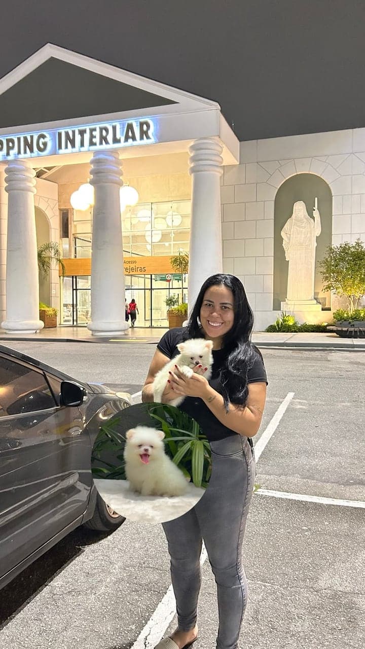 Tutora sorridente com um filhote de Lulu da Pomerânia branco no colo